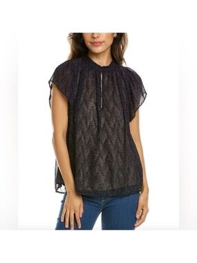 VINCE Starry Dot Semi Sheer Short Sleeve Blouse Blue Womens Size Small